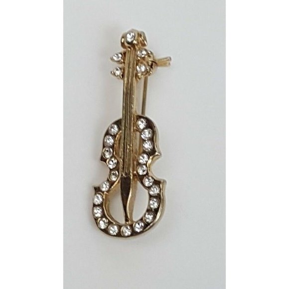 Violin Pin Gold Tone Rhinestone Jewels Orchestra Music Lover Brooch Lapel Pin - Picture 3 of 10